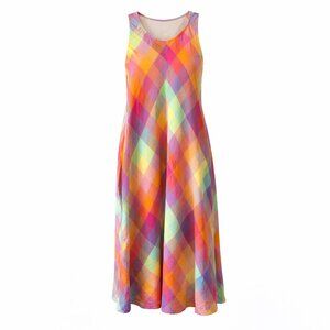 Lands' End Linen Dress M 10-12 Lagenlook Plaid Sleeveless Pockets Colorful